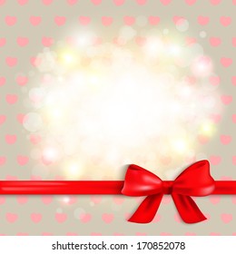 Vector elegant bright card with red ribbon and bow. Glittering light background.