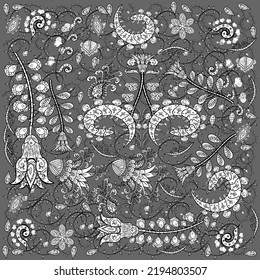 Vector. Diseño elegante, luminoso y sin fisuras de flores blancas, grises y negras. Se puede usar en grabaciones de jarras, prendas para bebés, papel pintado, cajas de envoltura, etc.