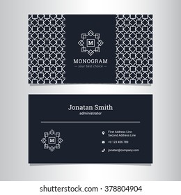 Vector elegant business card template with monogram logo and geometric pattern