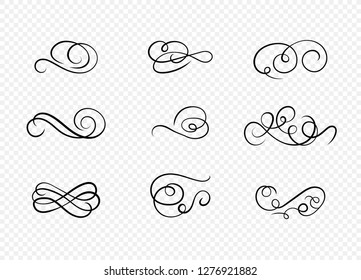 Vector Elegant Calligraphic Design Element Set Isolated on Light Transparent Background, Decorative Filigrees.