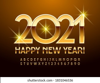 Vector elegant card Happy New Year 2021! Premium shiny Font. Gold Alphabet Letters and Numbers set