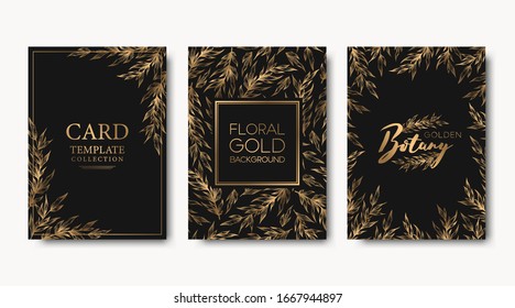 Elegante colección de tarjetas vectoras con ramas de árbol dorado y hojas en negro para tarjeta de boda, plantilla de invitación, banderín