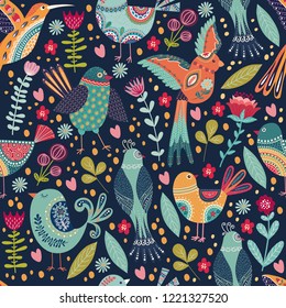 Vector elegant childish seamless pattern with cute beautiful birds and flowers. Folk background in cute cartoon style. Stylish holiday background.