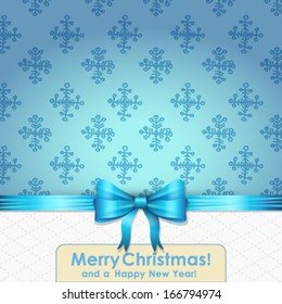 Vector elegant Christmas card with blue bow and ribbon background illustration