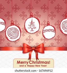 Vector elegant Christmas card with bow, ribbon and hand drawn globes background illustration