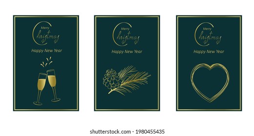 Vector of  elegant Christmas and New Year cards with clinking glasses,pine cone and branch,hearts and lettering.Golden lines on dark green background