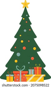 Vector elegante árbol de Navidad con regalos de estilo plano.
Elemento de diseño para Año Nuevo, Navidad, tarjeta de felicitación, diseño web, presentación, impresión.