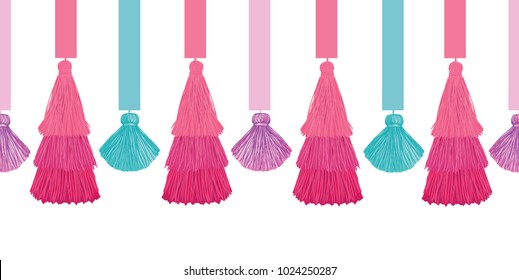 Vector Elegant Colorful Decorative Tassels and Ribbons Set Horizontal Seamless Repeat Border Pattern. Great for handmade cards, invitations, wallpaper, packaging, nursery designs.