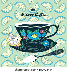 Vector Elegant Cup of Coffee Card Illustration With Spoon and Lemons