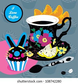 Vector Elegant Cup of Coffee Card Illustration With Spoon Lemon and Cake