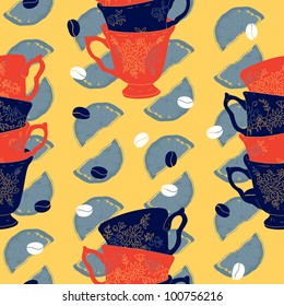 Vector Elegant Cup of Coffee Citrus Seamless Pattern With Coffee Beans and Lemons