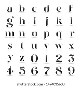Vector elegant custom designed shiny lowercase letters and numbers with shadows