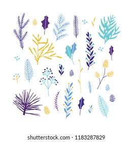 Vector elegant cute Christmas floral big collection. Feminine flower graphic design elements. Leaves, twigs and branches.
