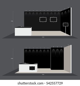 Vector elegant design trade booth mockups with black walls and retro shape signs