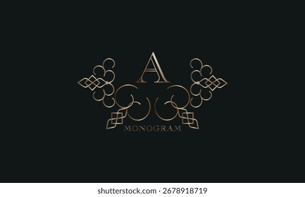 Vector elegant element for design template, place for text with initial letter A. Lace decor for greeting card, invitation, label, business sign.