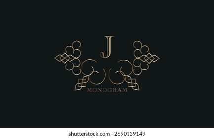 Vector elegant element for design template, place for text with initial letter J. Lace decor for greeting card, invitation, label, business sign.