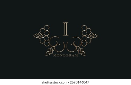 Vector elegant element for design template, place for text with initial letter I. Lace decor for greeting card, invitation, label, business sign.