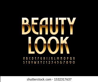 Vector elegant emblem Beauty Look with Golden Font. Luxury Uppercase Alphabet Letters and Numbers