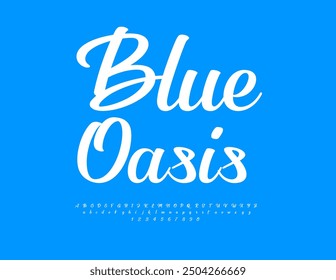 Vector elegant emblem Blue Oasis. White Beautiful Font. Set of Cursive Alphabet Letters and Numbers