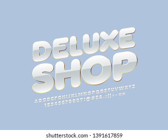 Vector elegant emblem Deluxe Shop. Set of Golden and White Alphabet Letters, Numbers and Symbols. Chic premium Font