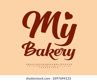 Vector Elegant Emblem My Bakery with Decorative Heart. Beautiful Brown Font. Creative set of Unique Alphabet Letters and Numbers