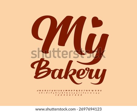 Vector Elegant Emblem My Bakery with Decorative Heart. Beautiful Brown Font. Creative set of Unique Alphabet Letters and Numbers