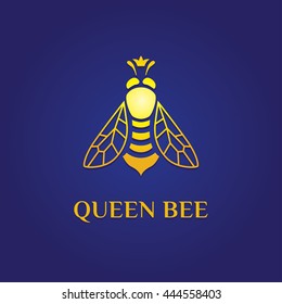 Vector elegant fancy, elegant, stylish, graceful logotype. Yellow logo at dark blue gradient background. Queen bee with the crown on its head Symbol for fashion, beauty, jewelry, honey, education.