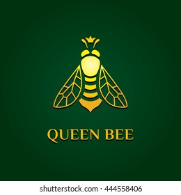 Vector elegant fancy, elegant, stylish, graceful, luxury, rich logotype. Golden yellow logo at dark green gradient background. Queen bee with the crown on its head. Great symbol for fashion, beauty