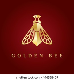 Vector elegant fancy, elegant, stylish, graceful, luxury, rich logotype. Golden logo at dark red gradient background. Queen bee with the crown on its head. Symbol for fashion, beauty, jewelry designer