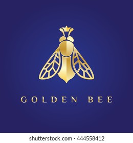 Vector elegant fancy, elegant, stylish, graceful, luxury, rich logotype. Golden logo at dark blue background. Queen bee with the crown on its head. Great symbol for fashion, beauty, jewelry, honey.