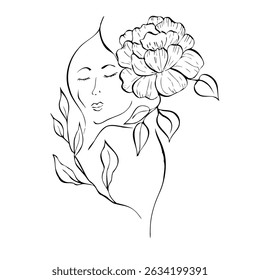 Vector Elegant female face with delicate peony, tulip, begonia, aster, eustoma, rosehip with leaves. Hand painted linear contour flower. Graphic clipart isolated. Botanical, tattoo and wedding