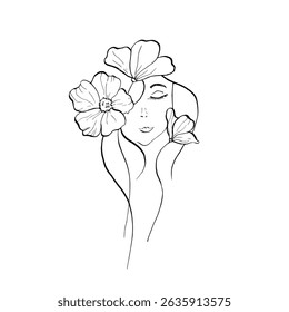 Vector Elegant female face with delicate chrysanthemum, osteospermum, chamomile begonia, aster, eustoma, rosehip. Hand painted linear contour flower. Graphic clipart isolated. Botanical, tattoo and we