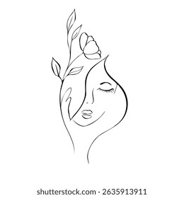 Vector Elegant female face with delicate peony, tulip, begonia, aster, eustoma, rosehip. Hand painted linear contour flower. Graphic clipart isolated. Botanical, tattoo and wedding illustration. For d