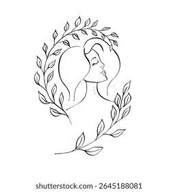Vector Elegant female face with delicate brunch and leaves. Hand painted linear contour flower. Graphic clipart isolated. Botanical, tattoo and wedding illustration. For designers, invitations