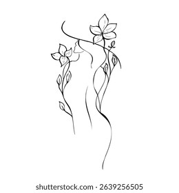Vector Elegant female in hat with peony, tulip, begonia, aster, eustoma, rosehip with leaves. Hand painted linear contour flower. Graphic clipart isolated. Botanical, tattoo and wedding illustration