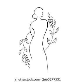 Vector Elegant female with leaves. Hand painted linear contour branch. Graphic clipart isolated. Botanical, tattoo and wedding illustration. For designers, invitations, decoration, postcards, wrapping