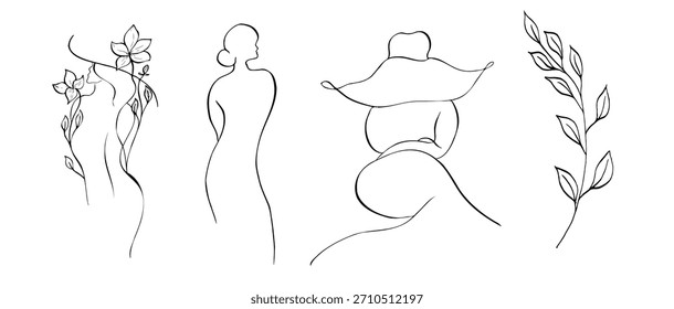 Vector Elegante hembra con hojas. Rama de contorno lineal pintada a mano. Clipart gráfico aislado. Botánica, tatuaje e ilustración de boda. Para los diseñadores, invitaciones, decoración, postales, envoltura