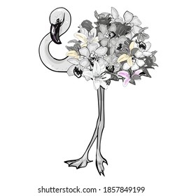Vector Elegant flamingo with orchids and tropical flowers on a white background. Harvesting wildlife for designers, elements, wedding cards, logo, icon, sticker
