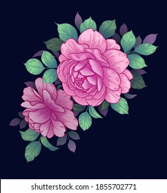 Vector elegant floral arrangement with pink roses on dark. Beautiful plants on moody background. Romantic illustration with hand drawn flowers and leaves in vintage style.