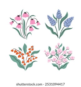 Vector elegant floral bouquets isolated on white background.  Classical vintage flower clip art for greeting cards or wedding invitations. Preppy floral print design.