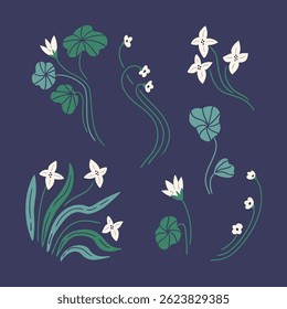 Vector elegant floral isolated elements on violet background.  Flowers, plants, leaves clip art for greeting cards or wedding invitations. Art deco floral design elements.