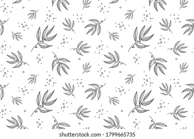 Vector elegant floral seamless pattern in natural farmhouse style with cute simple branches, flowers, leaves. Design for textiles, fabric, wallpaper, wrapping paper, homeware, home decor, web design