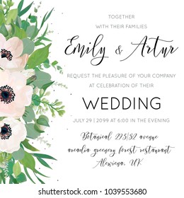 Vector elegant floral wedding invite, invitation, save the date card design with watercolor art style mauve anemones, eucalyptus leaves, white lilac flowers, greenery and cute dots delicate decoration