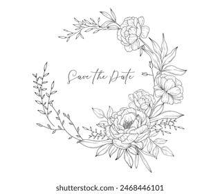 Vector elegante corona floral con flores de peonía, ramas y hojas, diseño de tarjeta de boda dibujado a mano, borde botánico, línea dibujada a mano arte ilustración floral