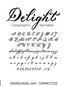 Vector elegant font and alphabet. Set of cursive letters and numbers. Brush type