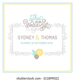 Vector elegant frame with text and hand-lettering phrase in trendy linear style - wedding invitation design template or greeting card background with mono line border on white background