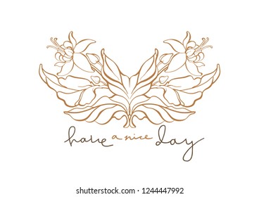 Vector elegant frame. Vintage invite. Art deco modern pattern. Nature symbol, floral card Decorative graphic ornament Flower in bloom, golden foliage, romantic label for wedding print, holiday packing