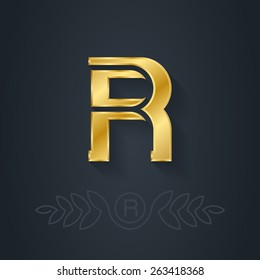Vector elegant gold font, Letter R. Template for company logo with monogram element. 3d Design element or icon.