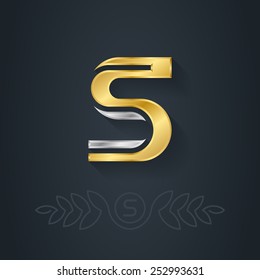 Vector Elegant Gold And Silver Font. Letter S. Template For Company Logo With Monogram Element. 3d Design Element Or Icon.