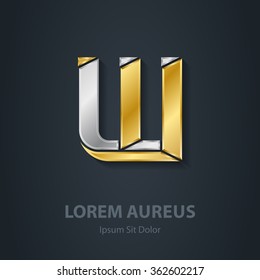 Vector elegant gold and silver font. Letter W. Template for company logo. 3d Design element, logotype or icon.